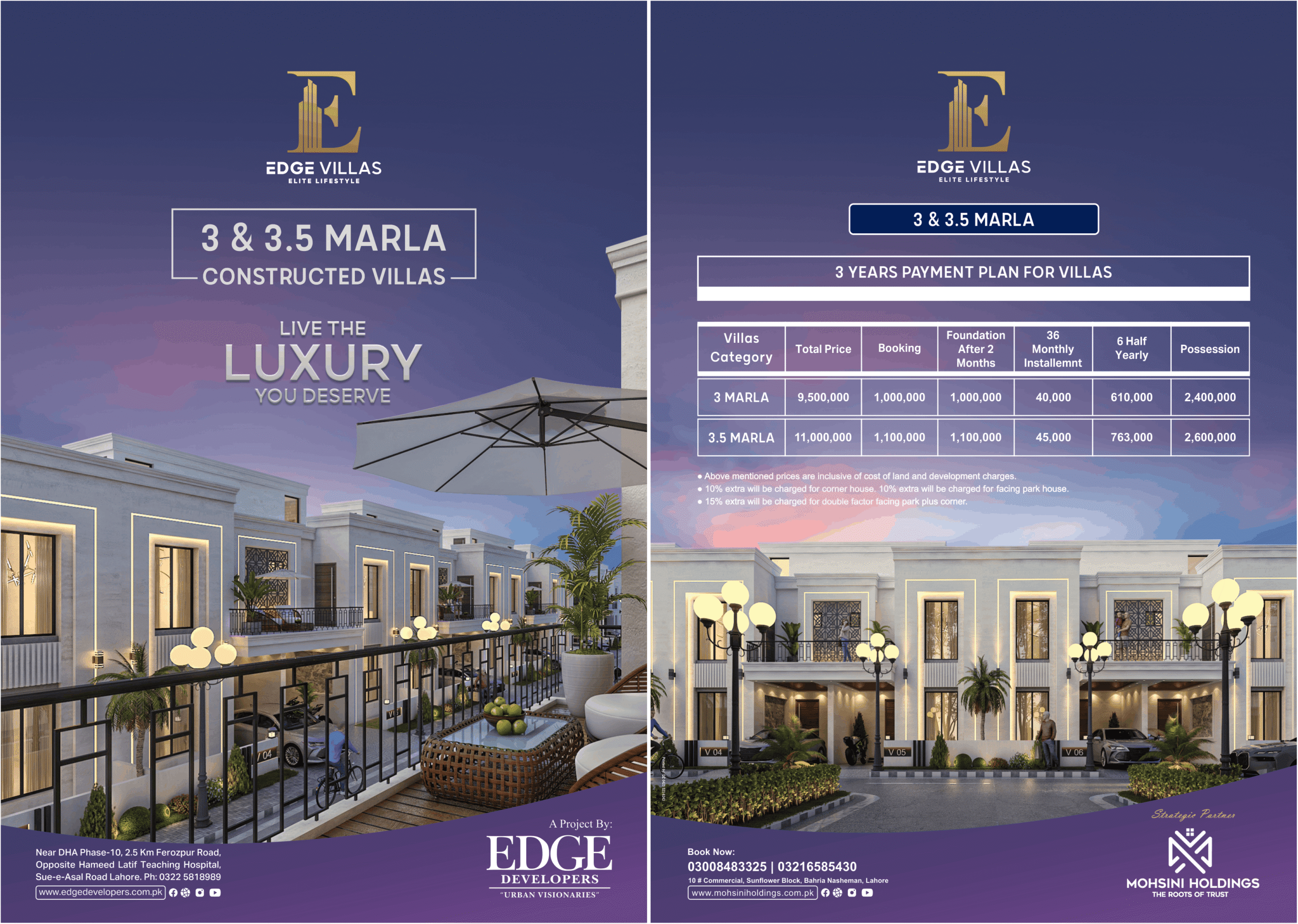 Edge Villas 3 & 3.5 Marla Double Storey Homes Payment Plan Lahore
